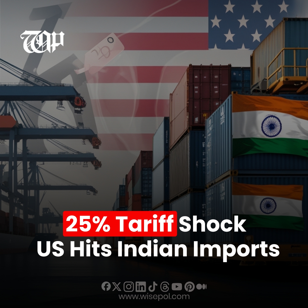 wisepol9's tweet photo. India’s exports face a 25% tariff from the U.S. , raising fears of global price hikes and strained trade ties. Is this the start of a bigger shift?
#Tariff #TradeWar #IndiaExports #GlobalEconomy #ImportExport #PortView #USIndiaRelations #MarketShift #EconomicNews https://t.co/l1p4gxT6sv