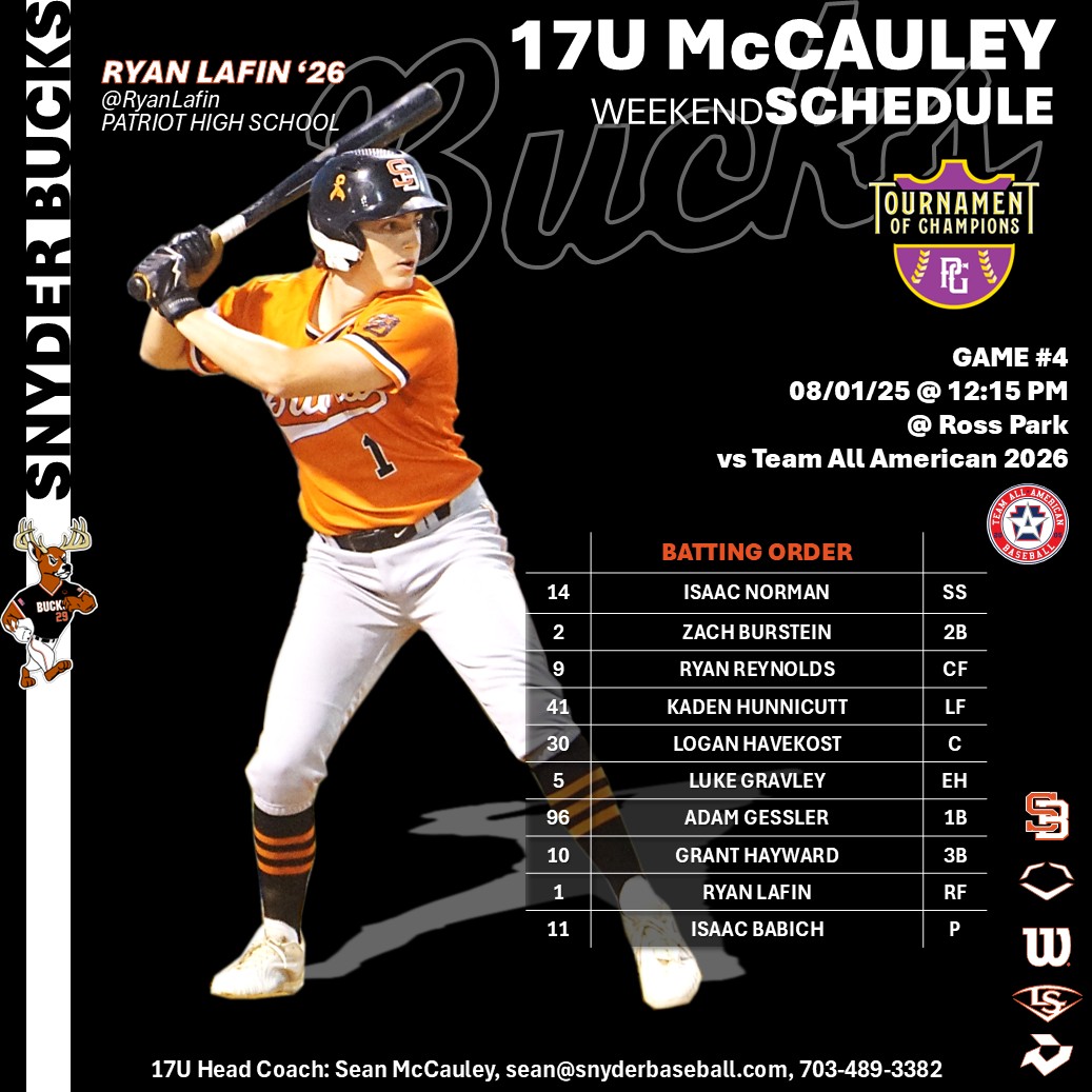 Snyder Baseball (@snyderbaseball) on Twitter photo ⚾️Snyder Bucks 17U McCauley Game 4
The 17U team gets going at 12:30 at Ross Park in the <a href="/PG_OhioValley/">Perfect Game Ohio Valley</a> #TOC.
'26 Isaac Babich <a href="/IsaacBabich/">Isaac Babich</a> Gets the pearl to start this one.
⚾️🦌Good Luck BUCKS!!🦌⚾️
<a href="/sean_mac89/">Sean McCauley</a>
<a href="/NextLVLProspect/">Next Level Prospects</a>
<a href="/NextLVLSouth/">Next Level Prospects South</a> ⚾️Snyder Bucks 17U McCauley Game 4
The 17U team gets going at 12:30 at Ross Park in the <a href="/PG_OhioValley/">Perfect Game Ohio Valley</a> #TOC.
'26 Isaac Babich <a href="/IsaacBabich/">Isaac Babich</a> Gets the pearl to start this one.
⚾️🦌Good Luck BUCKS!!🦌⚾️
<a href="/sean_mac89/">Sean McCauley</a>
<a href="/NextLVLProspect/">Next Level Prospects</a>
<a href="/NextLVLSouth/">Next Level Prospects South</a>