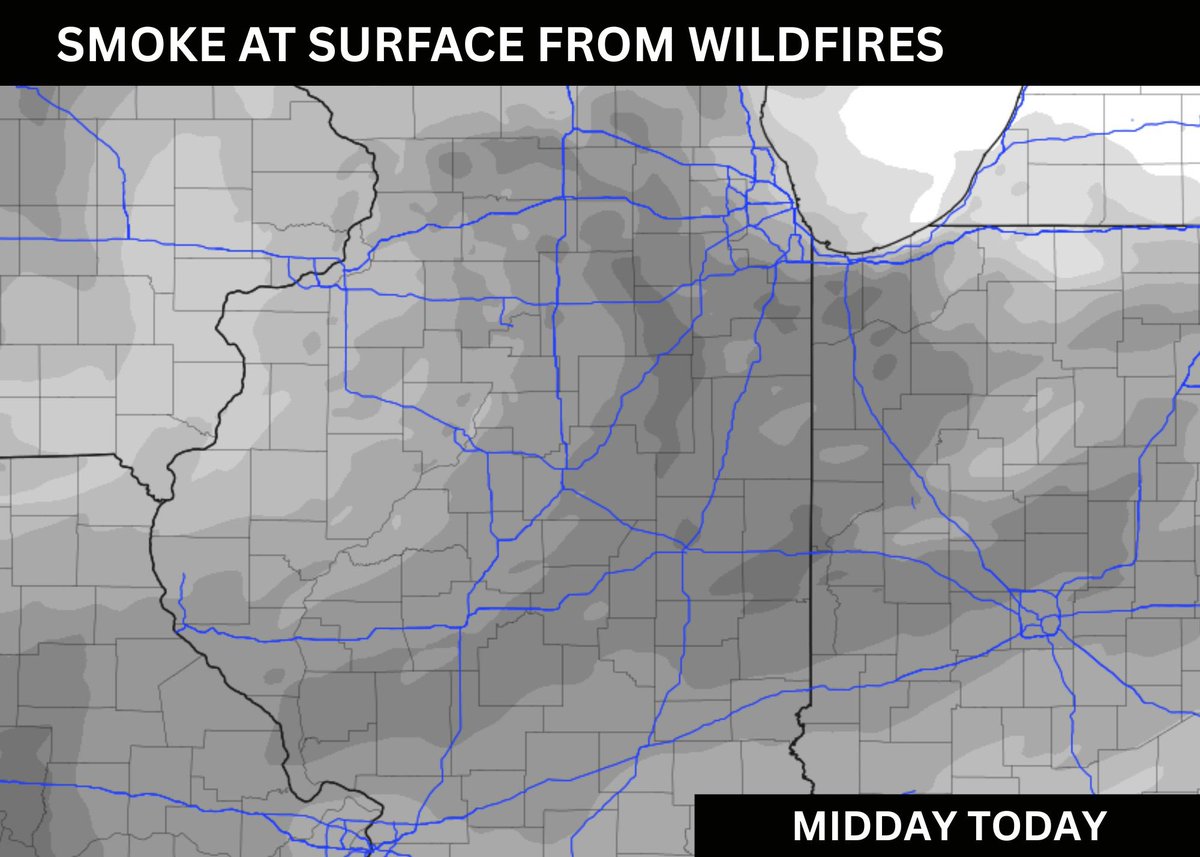 Once again skies will hazy and milky through the day due to smoke from Canadian wildfires. Most smoke will stay aloft however it may reach the surface at times (may smell smoke), especially through early afternoon. Air Quality Alert remains in effect through midnight. #ilwx