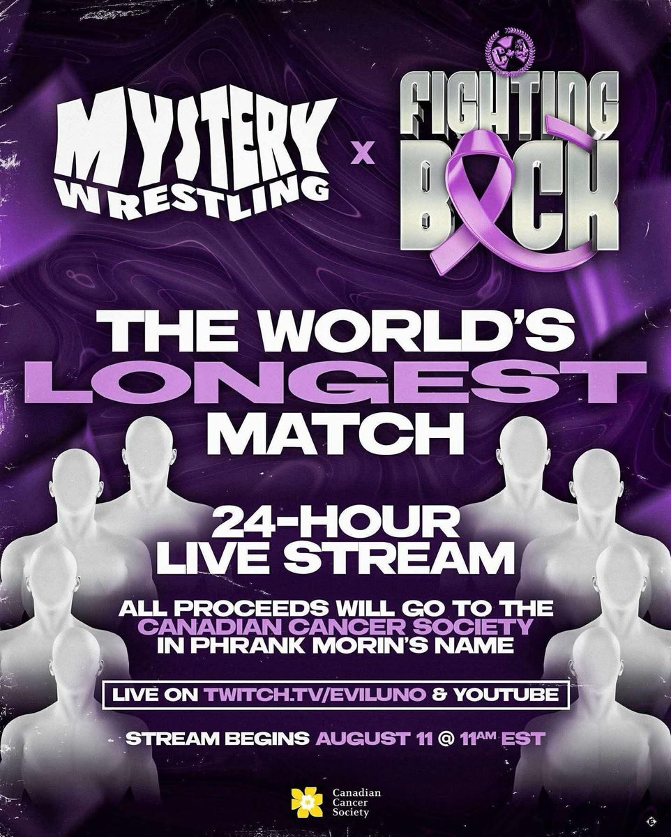 August 11, @mysterywrestlin is helping raise money for <a href="/cancersociety/">Canadian Cancer Society</a>!

Donate over 350$ early and get a 3ft tall cutout of yourself on camera the whole 24 hours!

🔗 tinyurl.com/fb2025donate

Email a hi-res photo + proof of donation to BookEvilUno@gmail.com before August 3rd!