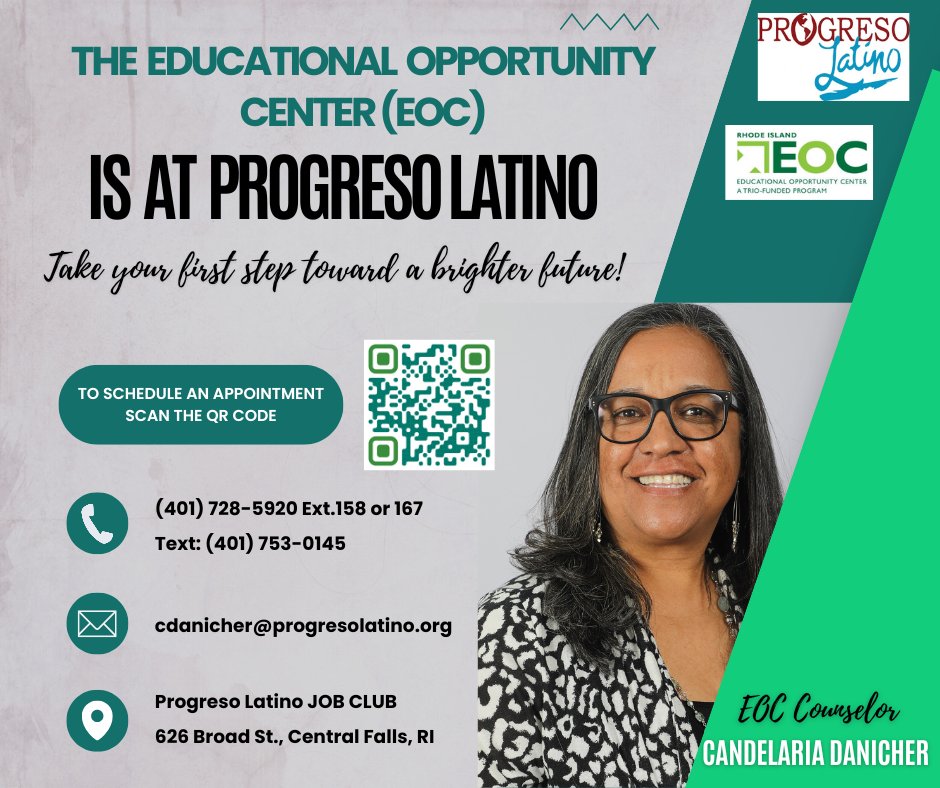 🎉 ¡Noticia Importante! 🎉

¡El Centro de Oportunidades Educativas (EOC) de CCRI ahora forma parte del Club de Trabajo de Progreso Latino!

Si estás planeando ir a la universidad, capacitarte para un trabajo o comenzar una nueva carrera, el EOC puede:

📍 ¡Escanea el código QR!