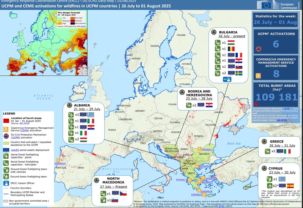 AngelCAlfaro's tweet photo. #UCPM and CEMS activations for #wildfires in UCPM countries | 26 July to 01 August 2025. ECHO Daily Map of 01 August 2025. https://t.co/jKFPol8BSg