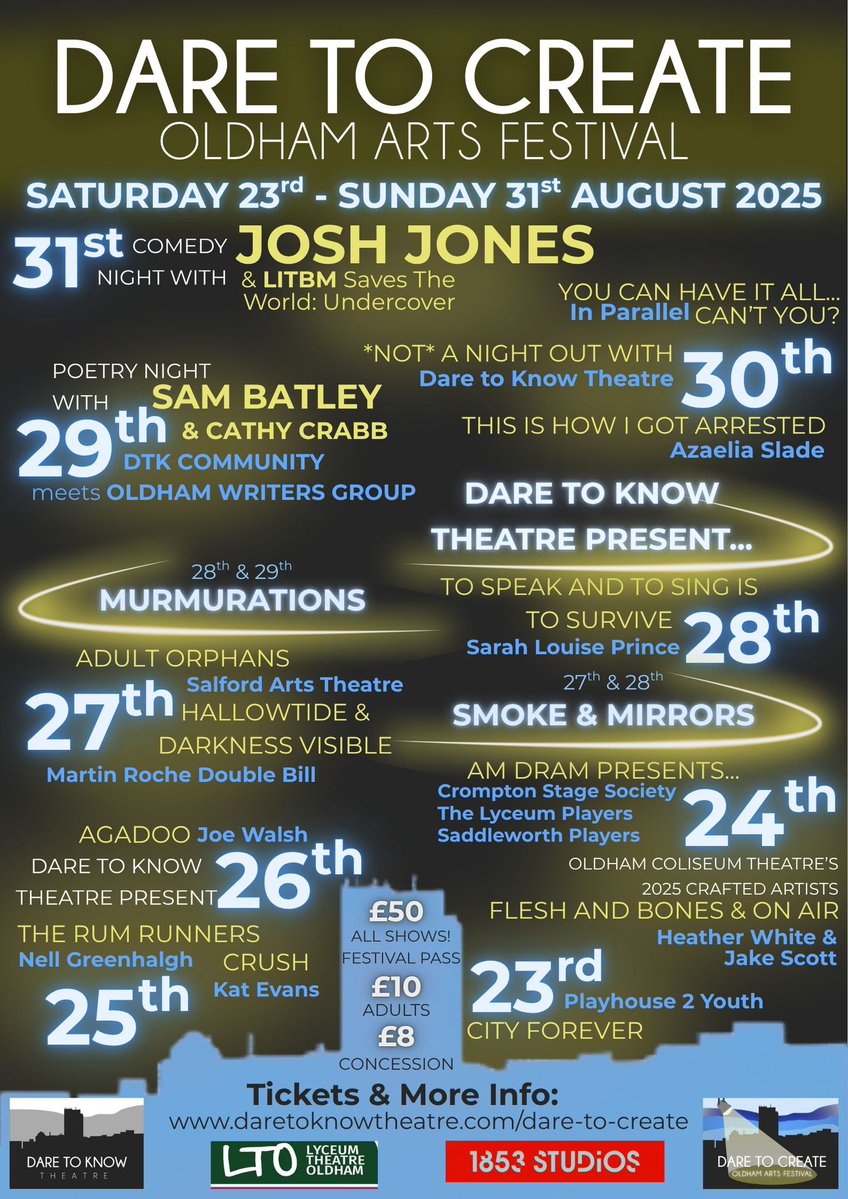 Here is the final lineup for Dare to Create: Oldham Arts Festival! 

You can check information about what's on and book your tickets via the LINK IN OUR BIO! 

EVEN MORE BIG NEWS TO COME! 

You don't want to miss this!
