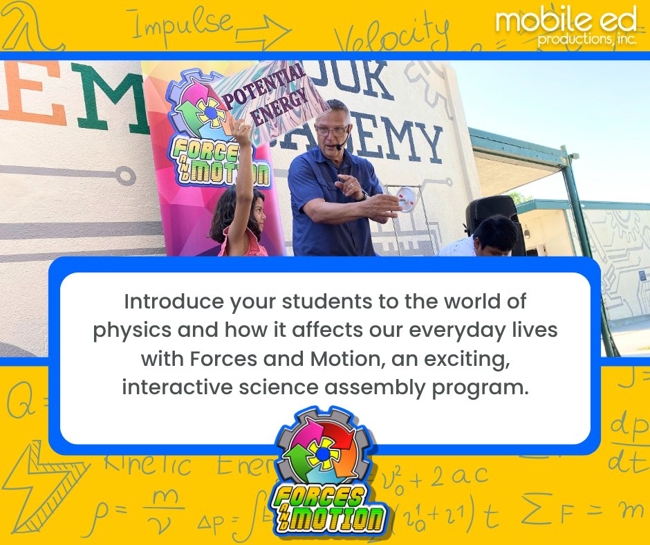 MobileEdProd's tweet image. Take your physics lessons to the next level with Forces and Motion, a science assembly program that teaches the laws of motion with thrilling demonstrations! ⚙️ Learn more here: mobileedproductions.com/forces-and-mot… #MobileEd #MobileEdMagic #physics #scienceforkids