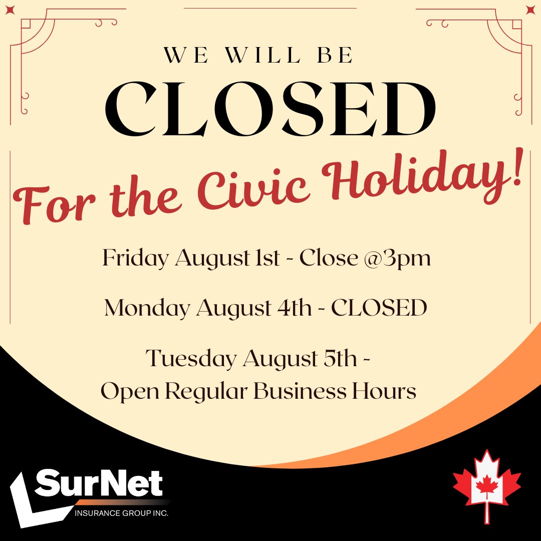 Happy Civic Holiday!
Whether you’re heading to the cottage, exploring local events, or simply relaxing at home, we hope this long weekend gives you the perfect chance to recharge and enjoy summer. Stay safe on the roads and have a wonderful holiday!
