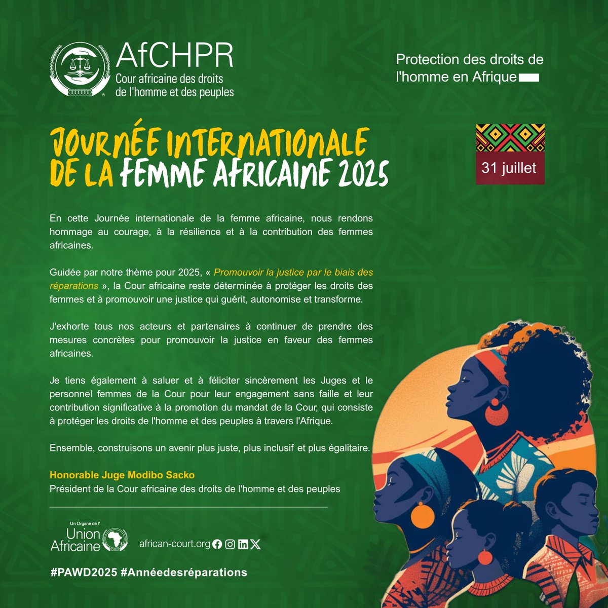 On International African Women’s Day, the #Africancourt pays tribute to the courage, resilience, and impact of African women. En Journée internationale de la femme africaine, nous rendons hommage au courage, à la résilience et à la contribution des femmes africaines. #pawd2025