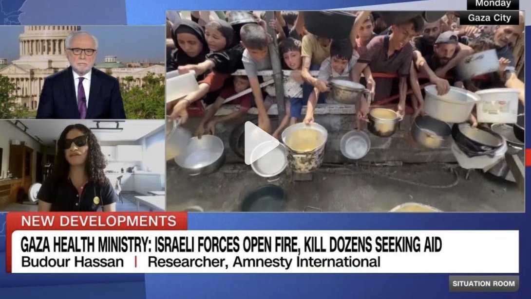 LISTEN. Listen to my colleague Budour Hassan, on the frontline of <a href="/amnesty/">Amnesty International</a> research on Gaza, reporting on the pain, sufferings, and fears of Palestinians in Gaza; on engineered starvation, on why we call what Israel has been doing and is doing a genocide.