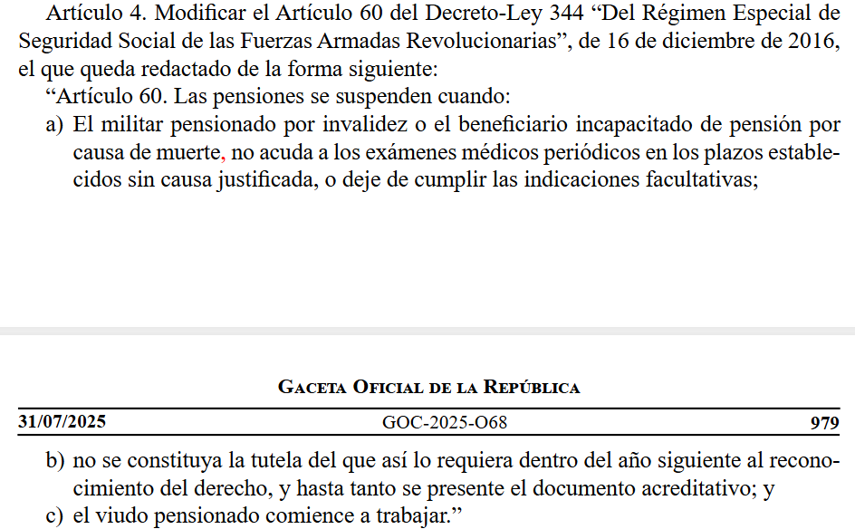 LegalisCuba's tweet photo. El artículo 60 ahora expone que se suspende la pensión si:
➡️ El militar pensionado no se haga el chequeo médico
➡️ No constituya una tutela
➡️ Que el viudo pensionado comience a trabajar.

Si quieres profundizar en otros detalles, puedes encontrarlo acá:
https://t.co/KeS3oHODmu https://t.co/NW8ODpqOnH