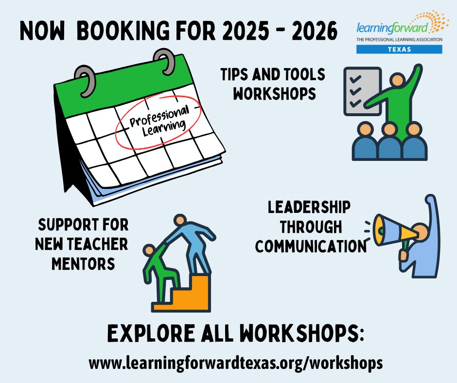 LearnTexas's tweet image. Planning PD for the upcoming year? Consider Learning Forward Texas for tailored workshops to strengthen your team at every level.
🔗 Visit our website to learn more—link in bio!
#TXed #LearningForwardTX #EducatorSupport