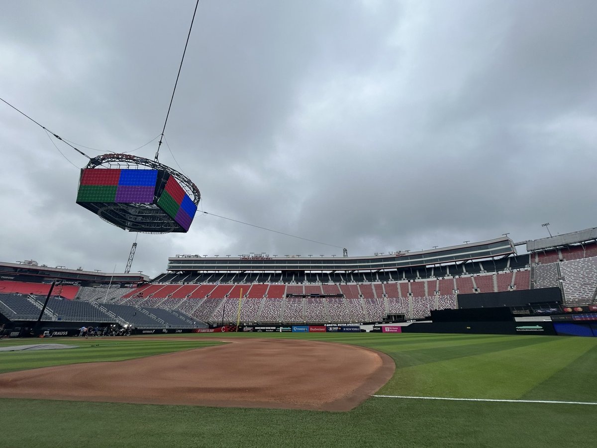As for The Colossus…

The iconic videoboard at Bristol Motor Speedway is in foul ground. If a ball hits it, it’s foul.

MLB is still working on ground rules if a ball hits one of the support wires.