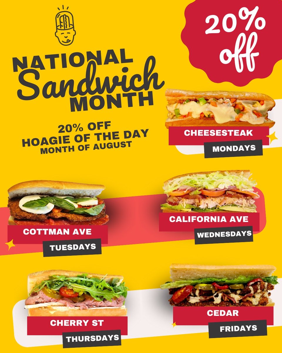 🥪 August is #NationalSandwichMonth!
Enjoy 20% OFF our #HoagieOfTheDay all month long:

👉 Mon: Cheesesteak 🧀
👉 Tue: Cottman Ave 🌶️
👉 Wed: California Ave 🥑
👉 Thu: Cherry St 🍒
👉 Fri: Cedar 🥬

Come taste the Best D*MN Hoagies in Town! 💥

 #DCeats #TaylorGourmet