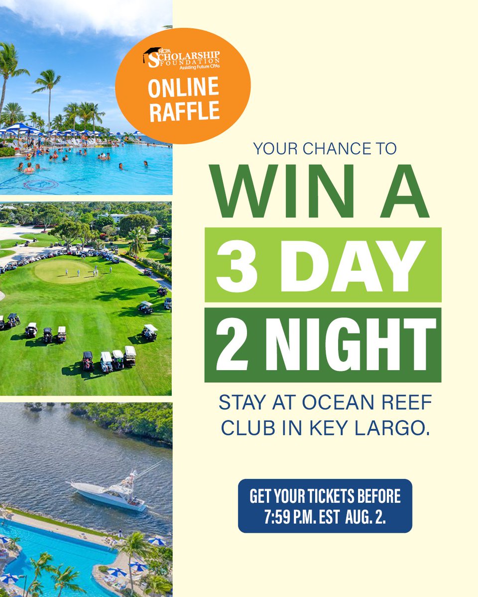 Need a vacation? Looking to donate to a worthy cause? Enter for a chance to win a three-day, two-night stay at the beautiful Ocean Reef Club in Key Largo. All proceeds support the FICPA Scholarship Foundation. Enter by 7:59 p.m. on Saturday, Aug. 2! hubs.ly/Q03zPPzz0