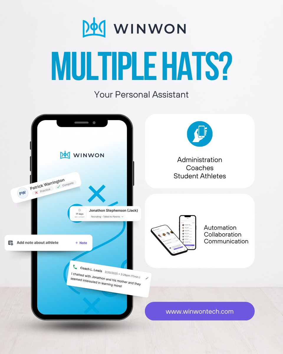 WinWonTech's tweet photo. WinWon Mobile - Your Personal Assistant
WinWon Mobile allows everyone to collaborate and communicate through automation and consolidation!
#CollegeAdmin #CollegeCoach #PoweredByWinWon https://t.co/LYYHc1994W