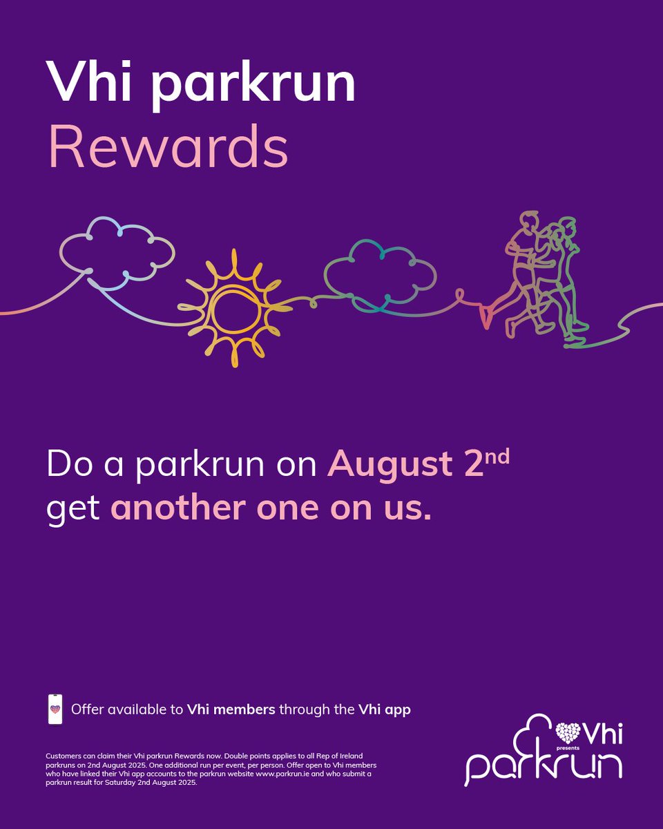 #Vhi are celebrating the bank holiday by giving members double points for
parkrunning this Saturday 😁 

Simply scan your barcode at the finish and automatically get a second for free. T&amp;C's apply 🎉 

Find out more on the Vhi app 🔗 

#vhiparkrun #loveparkrun