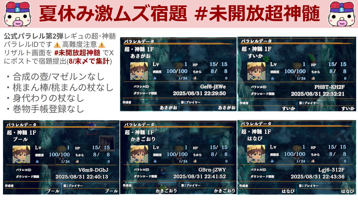 【シレン6 高難度に飢えた風来人各位】

夏休みの宿題です

"公式パラレル第2弾"レギュの超･神髄パラレルを5つ用意しました
お時間ある時に挑戦ください🥳
同じデータの再走非推奨、勝っても負けてもリザルト画面を #未開放超神髄 でポスト下さい 集計します！

期限：8/末

#風来のシレン6