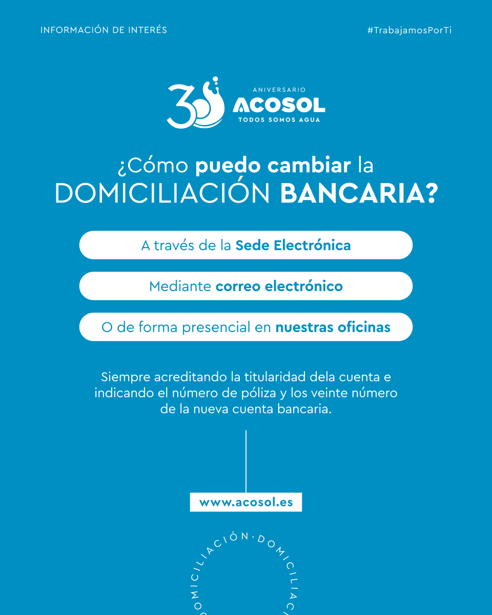 🔄 ¿Quieres cambiar la domiciliación de tu factura?

Te lo ponemos sencillo para que puedas actualizar el número de cuenta donde prefieras recibir el cobro de tus facturas.

Estamos a tu disposición de 9 a 18 horas, de lunes a viernes 📞 952 932 020.

#TrabajamosPorTi
