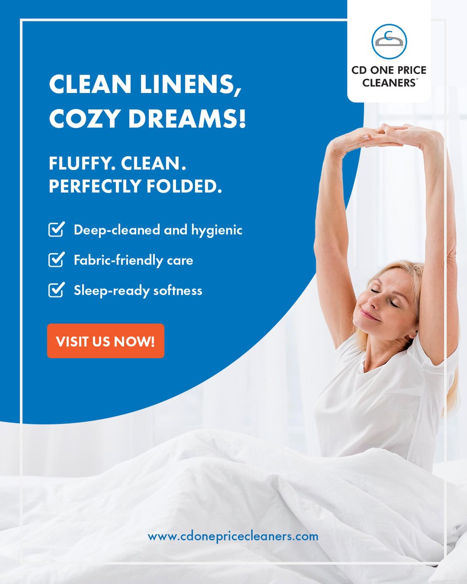 CDOnePrice's tweet image. There’s no comfort like slipping into freshly cleaned sheets. 

At CD One Price Cleaners, we treat your linens to a deep clean, a soft touch, and that fold.

Sleep deeper, rest better—with #CDOnePriceCleaners

#BeddingCare #CleanBedding #Laundry #LaundryDayDoneRight