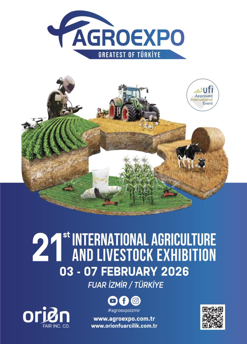 21. Uluslararası Tarım ve Hayvancılık Fuarı (AGROEXPO) 3-7 Şubat 2026 tarihleri arasında İzmir'de gerçekleştirilecektir.

 AGROEXPO, una de las mayores ferias agrícolas y ganaderas del mundo, se prepara para reunir a los gigantes de la agricultura mundial por 21ª vez del 3 al 7
