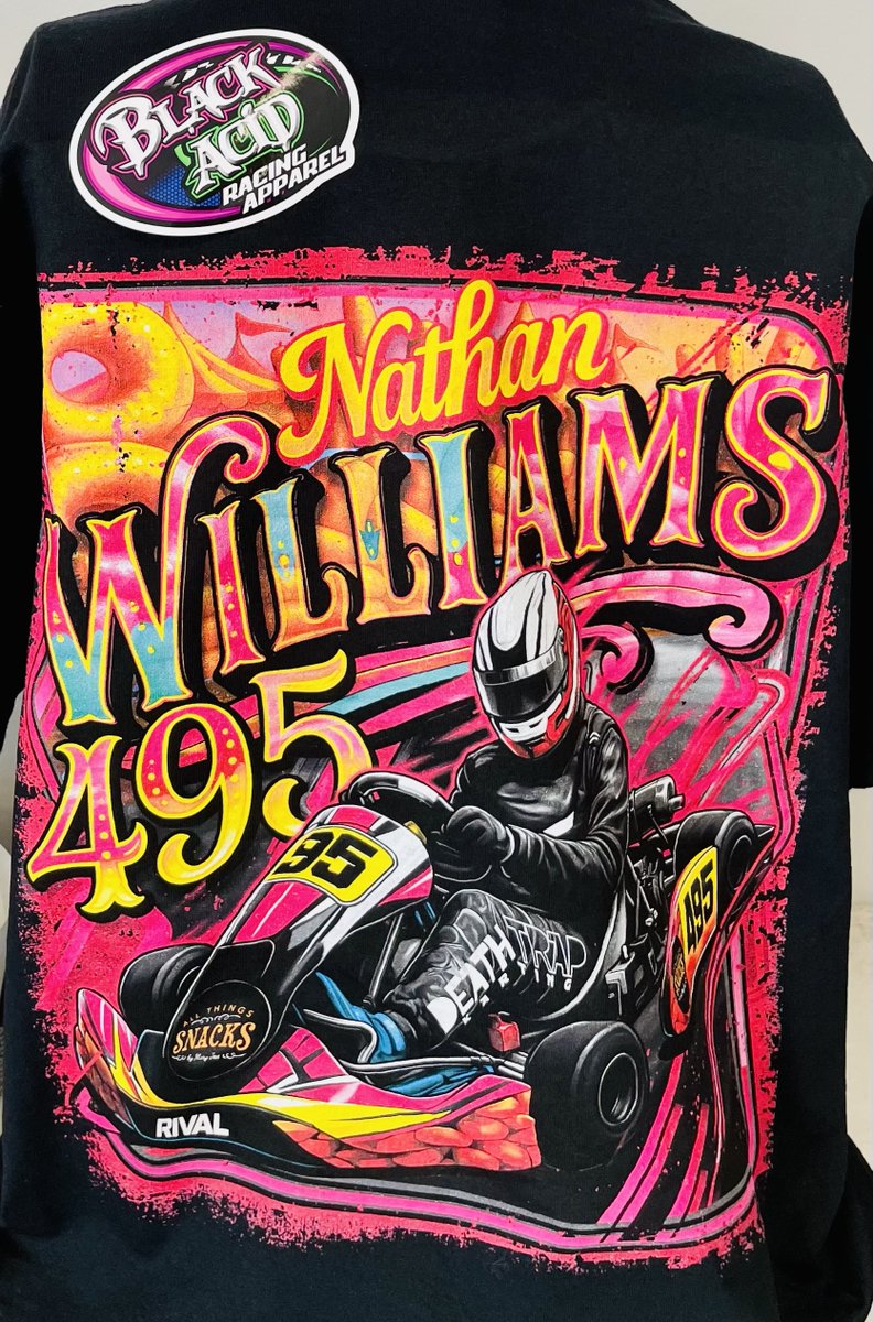 Cotton candy. Donuts. Chaos.
This go-kart tee for Nathan Williams #495 is giving full-on fairground energy — and we’re here for it 🎡🔥
#BlackAcidApparel #RacingShirt #CustomDesign #Karting