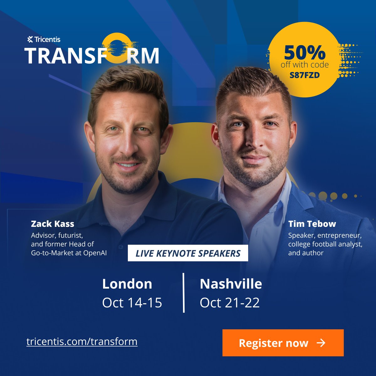 Tricentis's tweet image. 🎤 BIG NEWS! #TricentisTransform is unveiling our celebrity keynote speakers:

✨ Zack Kass – Former Head of GTM at #OpenAI
🏈 Tim Tebow – Entrepreneur &amp;amp; college football analyst

Attend to hear insights on leading with impact in the age of #AI: bit.ly/47d76uf