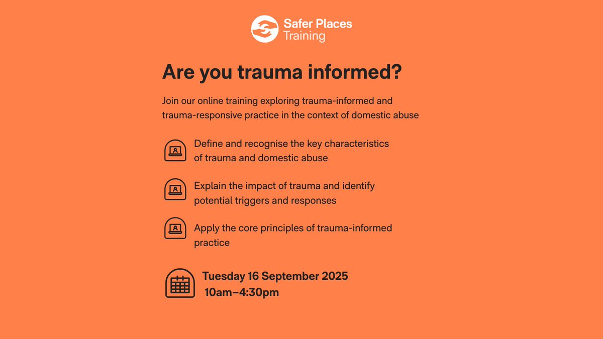 saferplacesuk's tweet image. Are you trauma-informed in your approach to domestic abuse?

This session is aimed at professionals in health, education, safeguarding, and support services.

Sign up: saferplaces.co.uk/training/short…

#TraumaInformedSupport #SaferPlacesTraining
