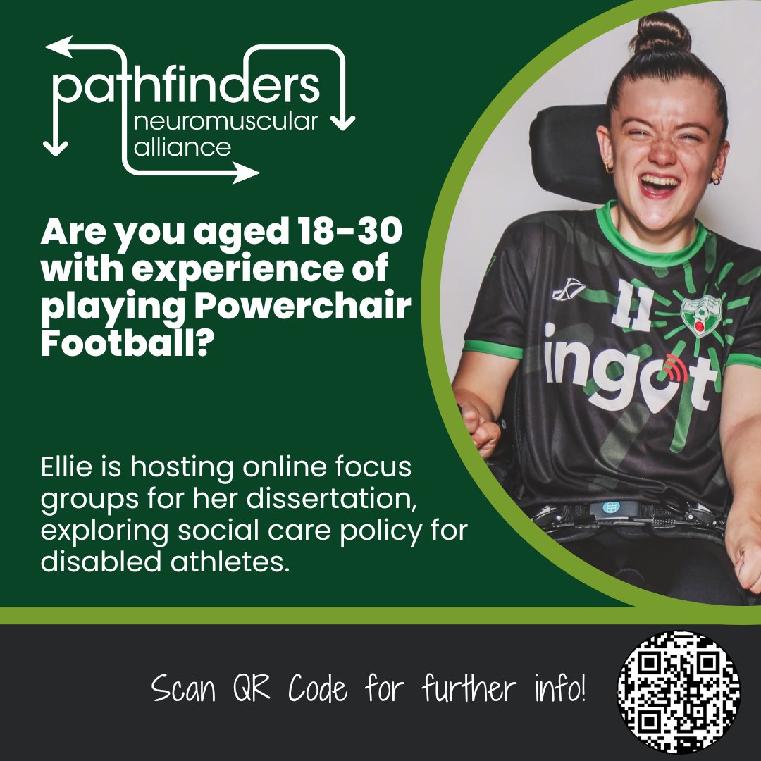 Pathfinders Neuromuscular Alliance (@pathfindersnma) on Twitter photo Are you 18โ30 & have played #PowerchairFootball? ๐
Join an online focus group (60โ90 mins) for Ellie's dissertation on social care & disabled athletes' experiences.
๐ Sign up: bit.ly/3VZ0omM or scan QR Code
๐ง 21011037@hope.ac.uk Are you 18โ30 & have played #PowerchairFootball? ๐
Join an online focus group (60โ90 mins) for Ellie's dissertation on social care & disabled athletes' experiences.
๐ Sign up: bit.ly/3VZ0omM or scan QR Code
๐ง 21011037@hope.ac.uk