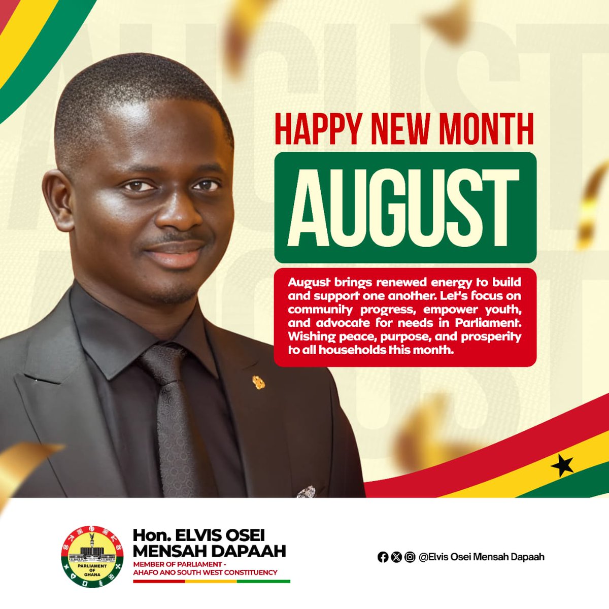 August brings renewed energy to build and support one another. Let's focus on community progress, empower youth, and advocate for needs in Parliament. Wishing peace, purpose, and prosperity to all households this month.