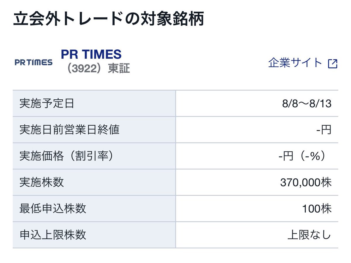 PR TIMESは立会外トレード（37万株）を実施します。 機関投資家と大口投資家に加え、SBI証券から個人投資家にも参加いただけます。期間は8月8日〜13日、申込は100株から。  適時開示はありませんが、個人的には公表したいところです。 https://t.co/xe6zyd4kCu