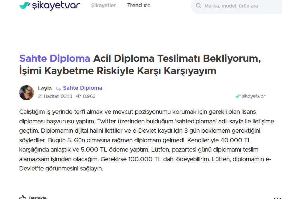 Ankara'da çökertilen sahte diploma çetesi, birçoğu profesör ve doçent olmak üzere 400 akademisyenin atanmasını sağladıklarını itiraf etti.

Sahte diploma düzenleyen çeteden itiraflar:

🔺Lisans diploması 50.000 TL, önlisans 40.000 TL, lise diploması 25.000 TL, ilköğretim ise