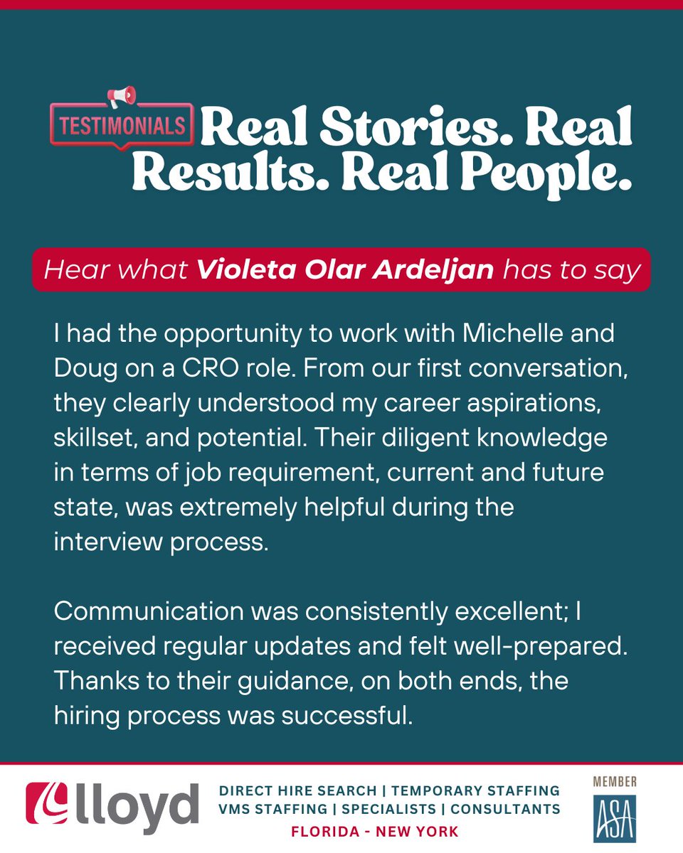 💬 “They understood my goals from day one.”
Huge thanks to Michelle Gilbert &amp; Doug Berkowitz for delivering a seamless CRO hiring experience.
✅ Industry expertise
✅ Clear communication
✅ Real results
lloydstaffing.com/submit-resume/
#StaffingSuccess #Testimonial #Hiring
