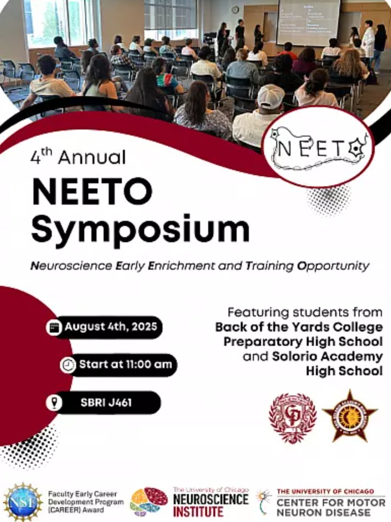 UChicago CGH (@uofc_cgh) on Twitter photo On August 4th, the NEETO Symposium will highlight the accomplishments of students participating in the program. The event will feature student presentations and emphasize the value of early exposure to scientific research: events.uchicago.edu/event/250024-a…
<a href="/UChicago_Brains/">University of Chicago Neuroscience Institute</a> On August 4th, the NEETO Symposium will highlight the accomplishments of students participating in the program. The event will feature student presentations and emphasize the value of early exposure to scientific research: events.uchicago.edu/event/250024-a…
<a href="/UChicago_Brains/">University of Chicago Neuroscience Institute</a>