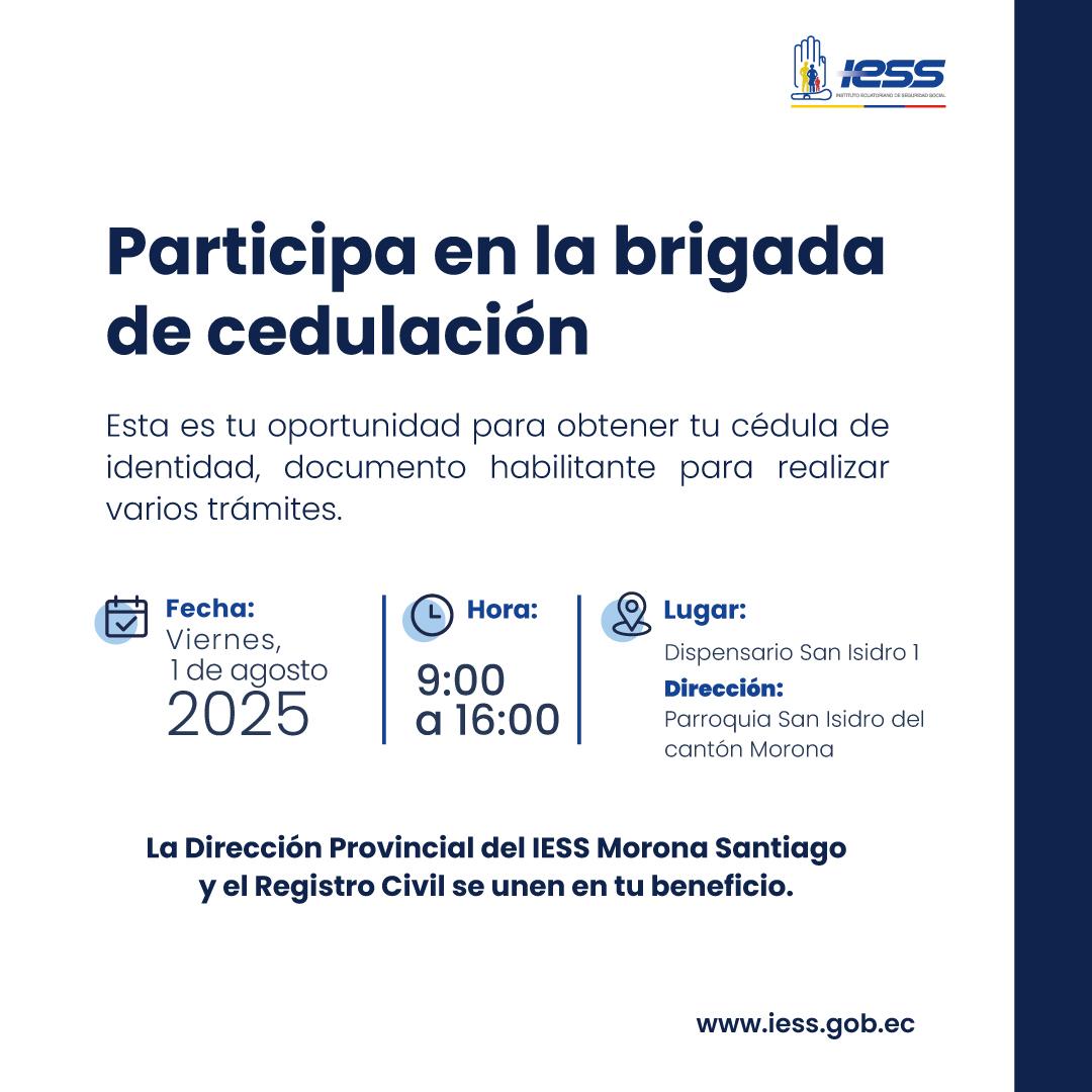 Dirección Provincial de Morona Santiago (@iessmorona) on Twitter photo #IESSteInforma | 📢Te invitamos a la brigada de cedulación que realizaremos conjuntamente con el <a href="/RegistroCivilec/">Registro Civil Ecuador 🇪🇨</a>🤝🏻
Más información ⬇️ #IESSteInforma | 📢Te invitamos a la brigada de cedulación que realizaremos conjuntamente con el <a href="/RegistroCivilec/">Registro Civil Ecuador 🇪🇨</a>🤝🏻
Más información ⬇️