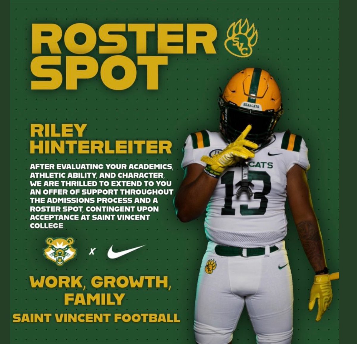 Riley Hinterleiter (@rhinterleiter) on Twitter photo Beyond blessed to announce I have received my second offer from <a href="/SVC_FTBL/">Saint Vincent College Football</a>. Thank you to <a href="/CoachCGoff/">𝐂𝐚𝐬𝐞𝐲 𝐆𝐨𝐟𝐟</a> for this amazing opportunity!!
<a href="/Coach_EA25/">Ethan Anderson</a> <a href="/CoachJohnstonOL/">Chace Johnston</a> <a href="/Coach_ZShaw/">Zach Shaw</a> <a href="/coachroot82/">J.Root</a> <a href="/CoachHarrisDBs/">Carlos Harris</a> <a href="/CoachKraftyMPS/">Richard Krafty</a> Beyond blessed to announce I have received my second offer from <a href="/SVC_FTBL/">Saint Vincent College Football</a>. Thank you to <a href="/CoachCGoff/">𝐂𝐚𝐬𝐞𝐲 𝐆𝐨𝐟𝐟</a> for this amazing opportunity!!
<a href="/Coach_EA25/">Ethan Anderson</a> <a href="/CoachJohnstonOL/">Chace Johnston</a> <a href="/Coach_ZShaw/">Zach Shaw</a> <a href="/coachroot82/">J.Root</a> <a href="/CoachHarrisDBs/">Carlos Harris</a> <a href="/CoachKraftyMPS/">Richard Krafty</a>