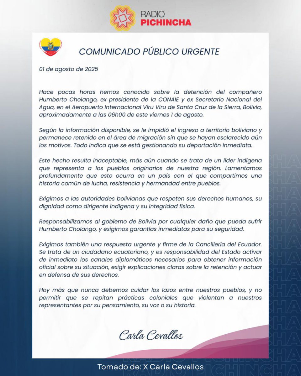 ⭕️ #ATENCIÓN | Mediante un comunicado, la exconcejala de #Quito, <a href="/CarlaCevallosR/">Carla Cevallos Oficial</a>, exhorta a la <a href="/CancilleriaEc/">Cancillería del Ecuador 🇪🇨</a> a dar un pronunciamiento oficial respecto de la situación migratoria del dirigente indígena, Humberto Cholango, retenido esta mañana en el Aeropuerto Internacional Viru