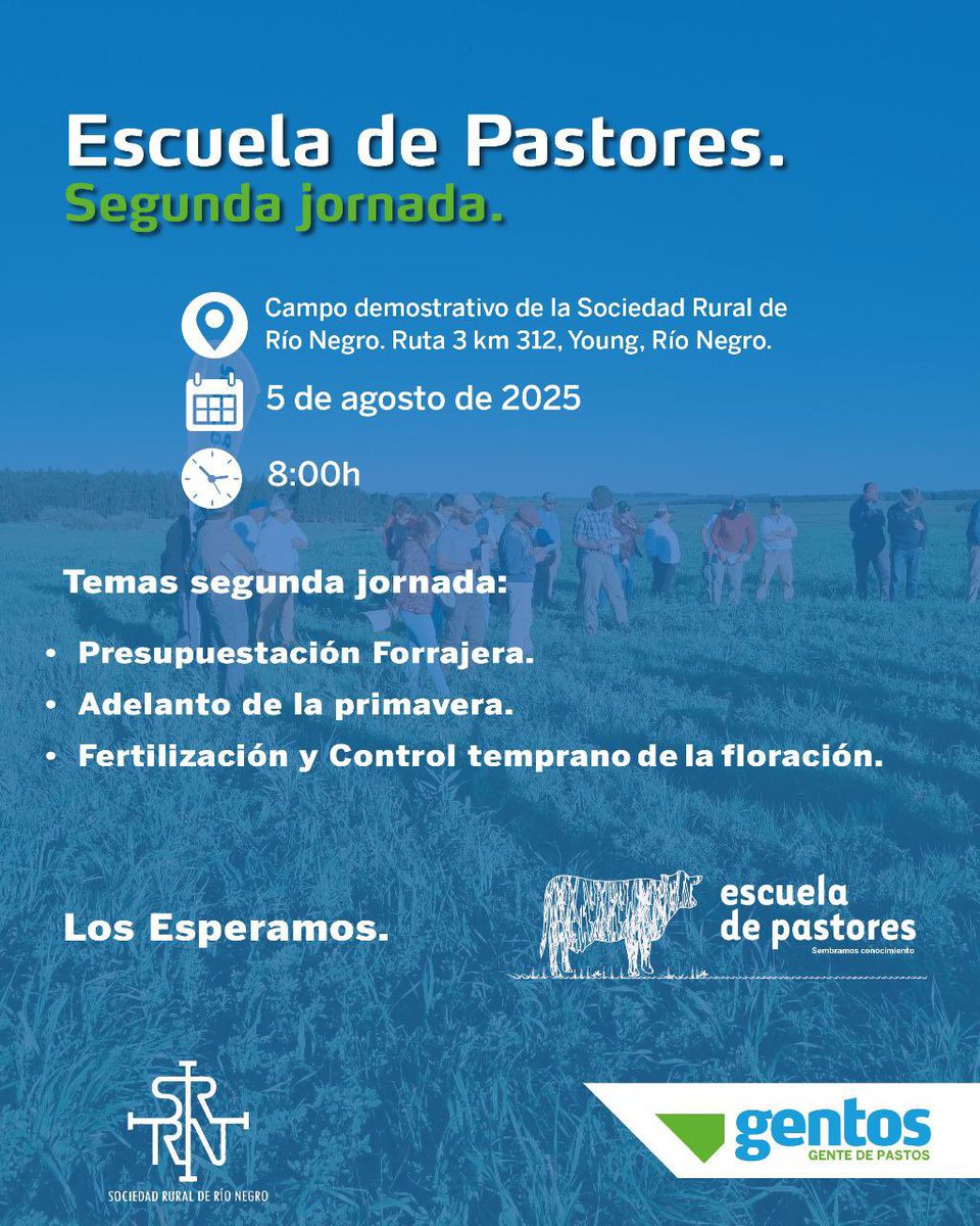 Próximo MARTES 5/8 
📍Ruta 3, km 312. Young, Río Negro
👉🏻Segunda Jornada de Escuela de Pastores <a href="/GentosUy/">Gentos Uruguay</a> 
¡Los esperamos!