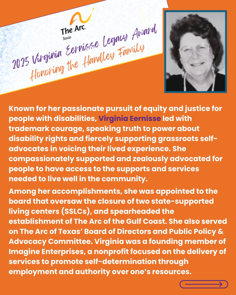 We're thrilled to honor the Handley Family w/ the 2025 Virginia Eernisse Legacy Award, celebrating advocates committed to the rights of Texans w/ disabilities! See page 17 of our Impact Report to learn more: ow.ly/gI8S50WyJIL

#DisabilityRights #TxLege #TxEd