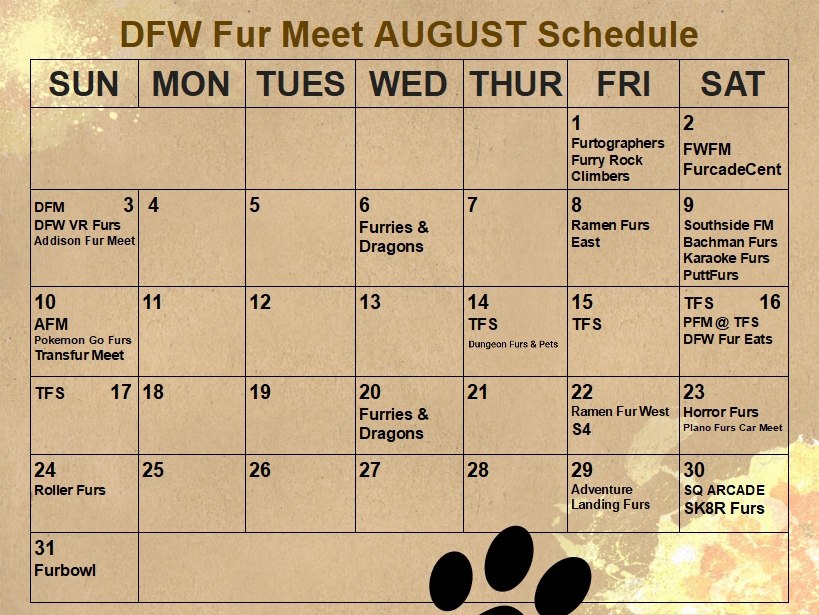 DFWFurs's tweet image. The August furmeet calendar is here #DFWFurs!

Please refer to the key to see organizers, locations, and requirements to attend for each meet! ❤️🐾