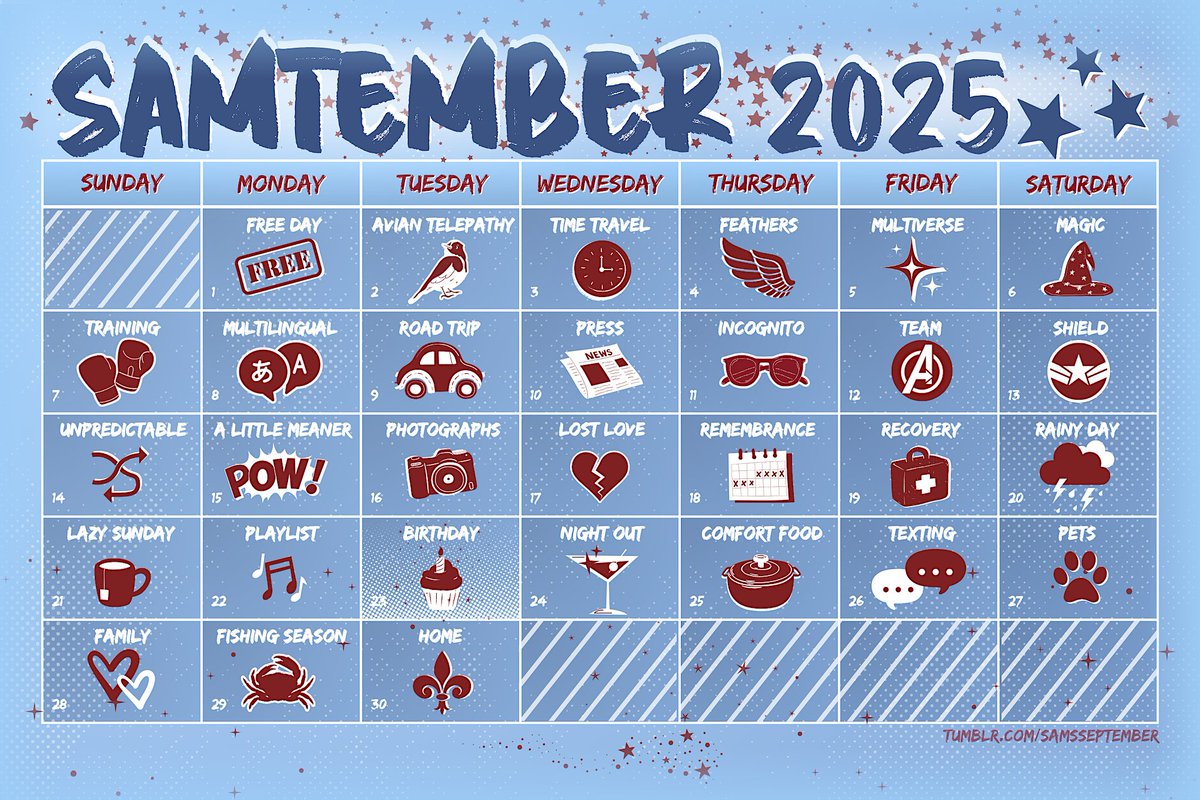 ✮ Samtember ✮ (@samsseptember) on Twitter photo Hi, Sam squad! #samtember2025 is almost here! Here's this year's calendar of prompts #samwilson Hi, Sam squad! #samtember2025 is almost here! Here's this year's calendar of prompts #samwilson