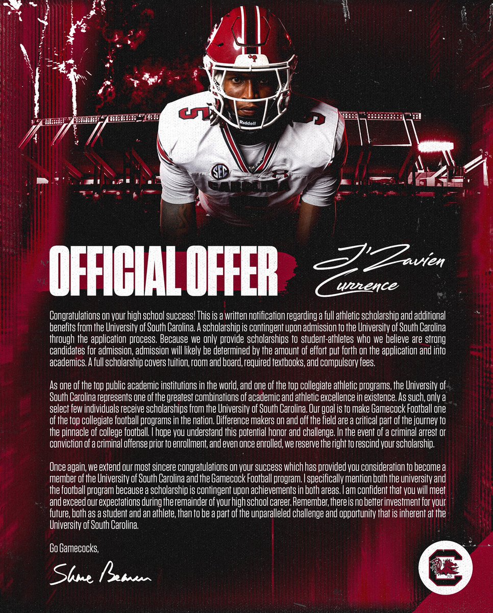 JZavien's tweet image. Official Offer Letter from 🤙🏾🤙🏾🐓@GamecockFB Thank You @CoachSBeamer @togray14 @CoachClaytonW #GOCOCKS