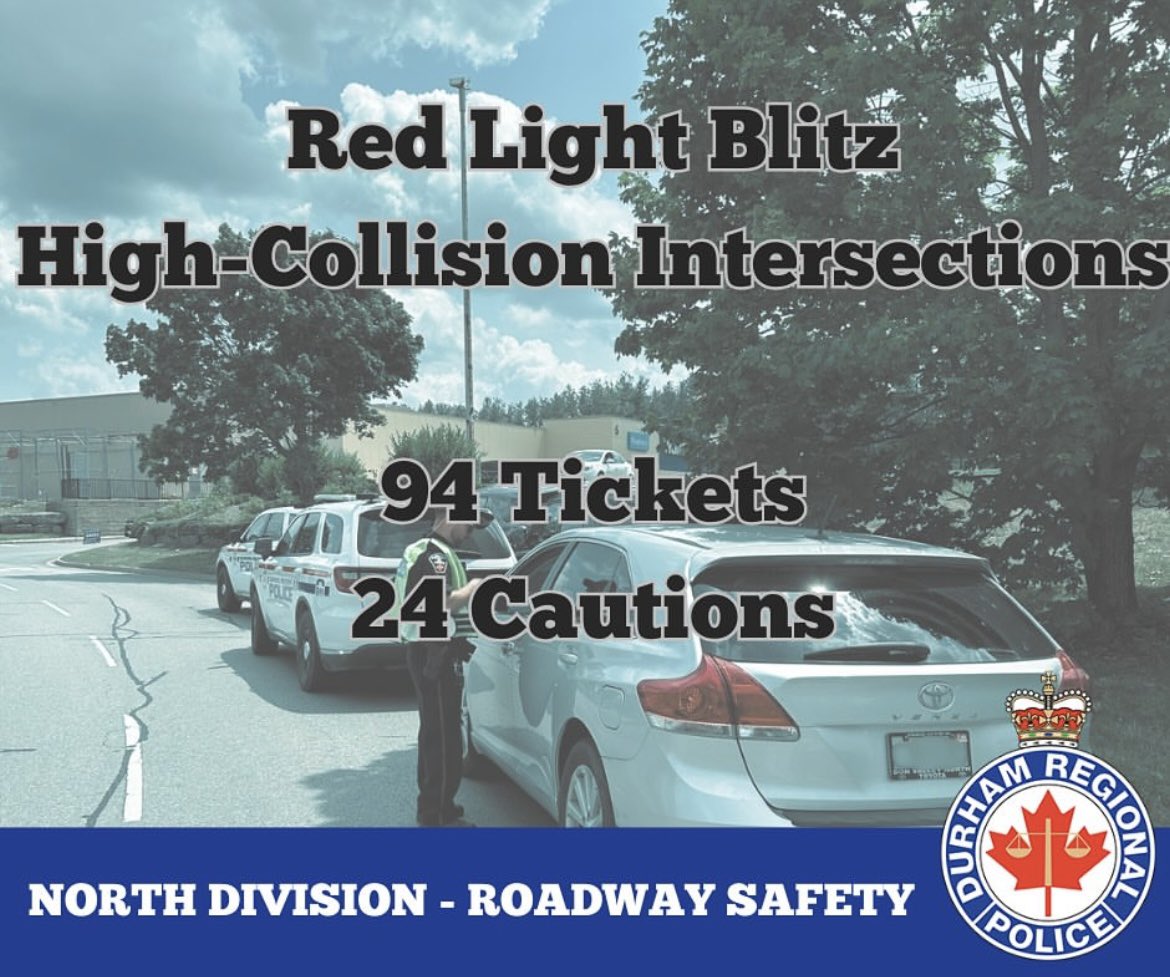 DRPSNorthDiv's tweet photo. 🚦North Division officers conducted a 2-day red light enforcement blitz at high-collision intersections in #Uxbridge and #Scugog.

94 tickets &amp; 24 cautions issued. 🚨

Please stop before turning right and watch for changing signals. 🚗🚓

#MSIFN #Brock #DurhamVisionZero cg https://t.co/UWh5m7aLVL