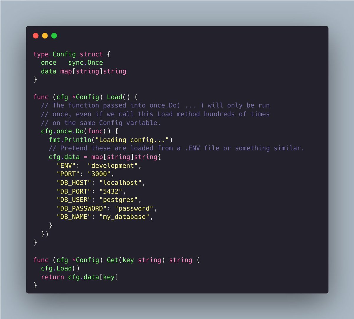 Use sync.Once to initialize a value only once. For example, when loading in ENV variables, we can use sync.Once to ensure the variables are only loaded once, then read them from memory anytime we need them. #golang