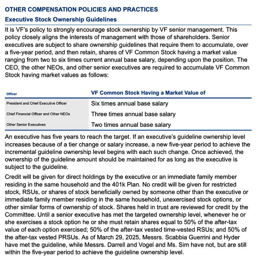 $VFC
Bracken’s Annual Base Salary is 1.3 million. Based on the DEF 14A Filing, He is obligated to own shares worth 6x his base salary for a 5 year period, which is equivalent to owning 7.8 million dollars worth of common stock. 

He is at the start of his third year now and he