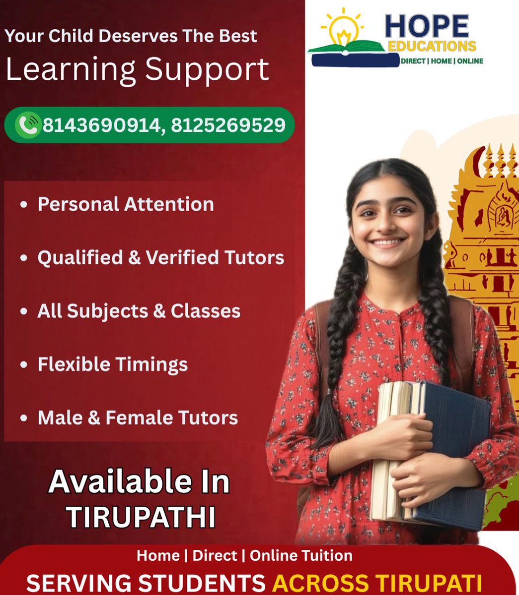 Hopeducations's tweet photo. Your Child Deserves The Best Learning Support, and we are here to provide you with personal attention for all subjects and classes

📍 Tirupati
Home I Direct | Online

With our Qualified &amp; Verified male and female Tutors, get the best education support that your child deserves https://t.co/F8TWvUSSDd