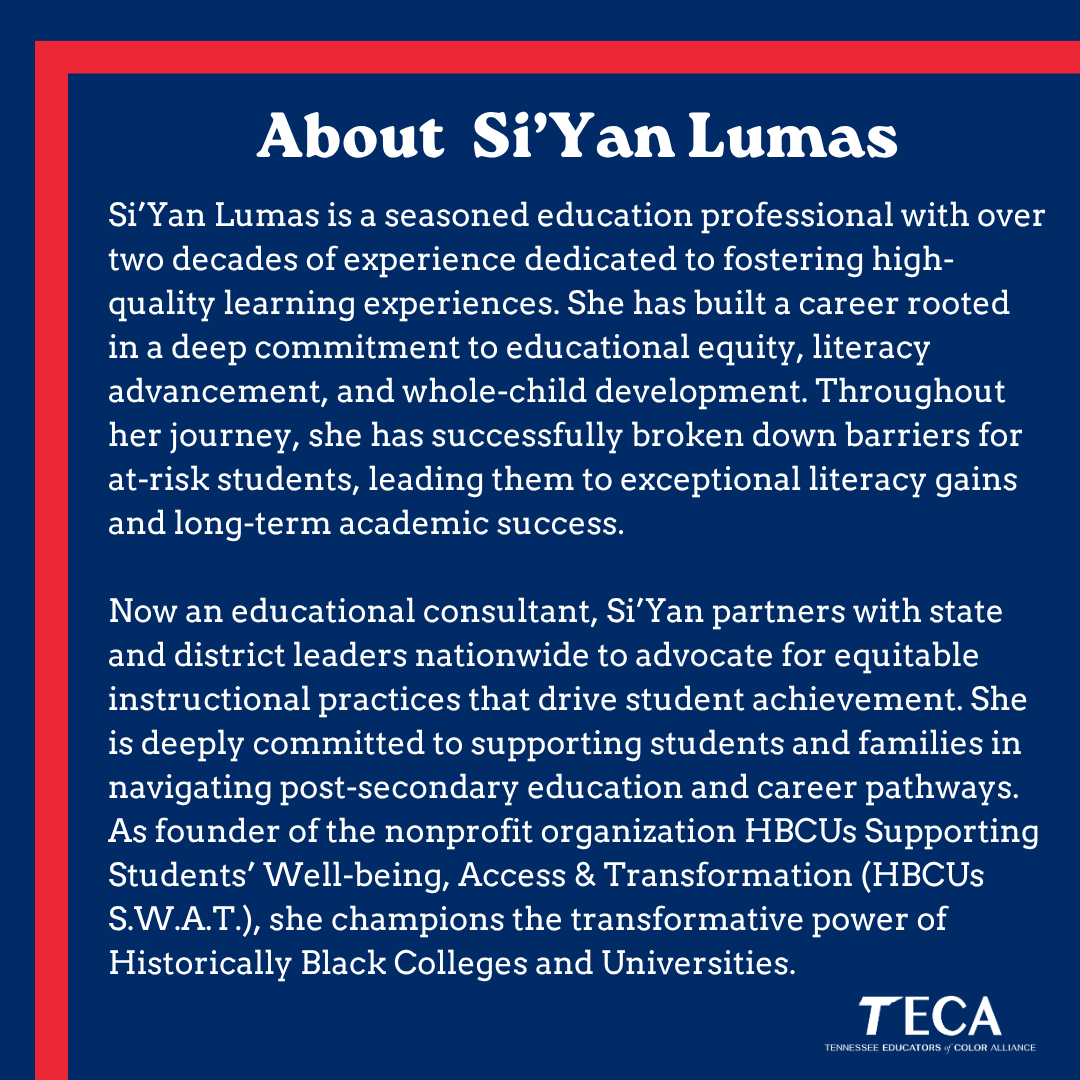 TNEdColorAllies's tweet photo. TECA PD returns next week with presenter Si'Yan Lumas! She'll guide attendees in Implementing Anti-Racist Practices in the Classroom on Wednesday, August 6, at 4:30 pm CT. Register in Mighty Network. 

🔗 https://t.co/81fRt1PnR6 https://t.co/2EEN6daPkp