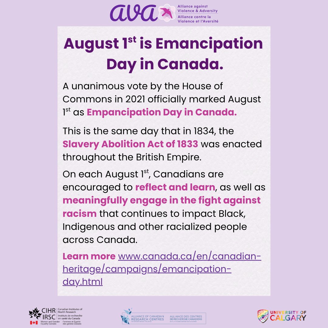 In 2021, Canada officially recognized August 1st as Emancipation Day - a time to reflect, learn, and actively engage in dismantling systemic racism that still impacts Black, Indigenous, and other racialized communities.
canada.ca/en/canadian-he…
#AVA #EmancipationDay #AntiRacism