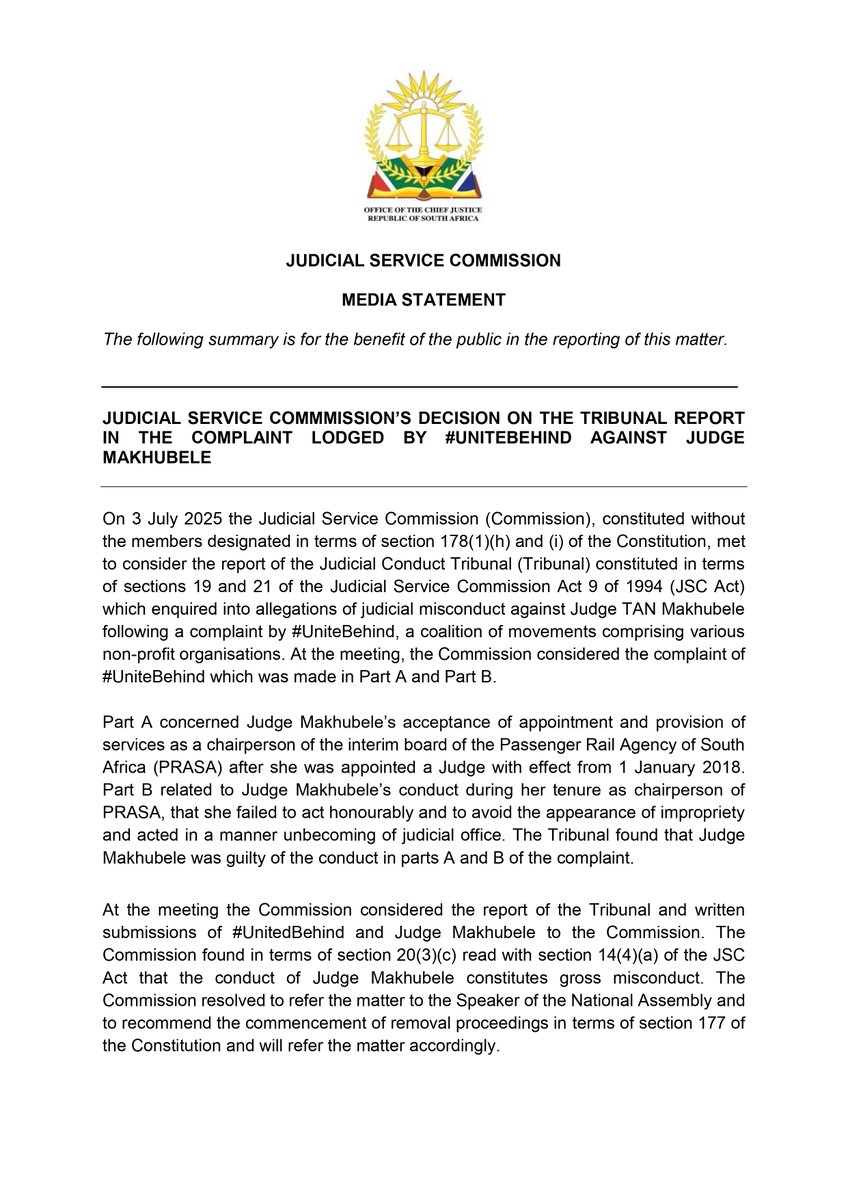 OCJ_RSA's tweet photo. Media statement
Judicial Service Commission’s decision on the tribunal report in the complaint lodged by #UniteBehind against Judge Makhubele
Click the link below to access the report of the Judicial Service Commission.
Link: https://t.co/1BVjK9qlWD https://t.co/mvvbEBeRXx