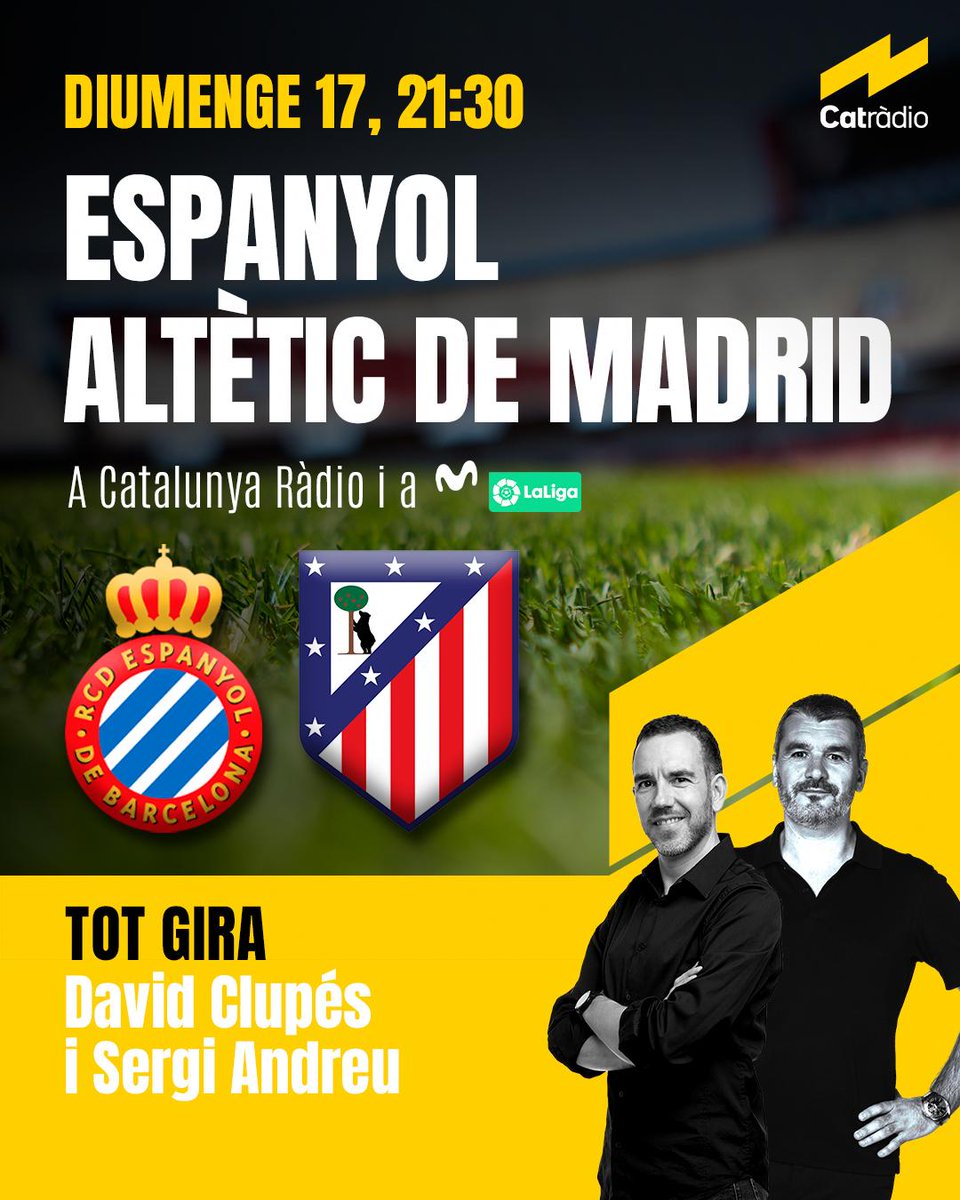 El club de la mitjanit (@clubmitjanit) on Twitter photo ⚪️🔵 Comença el partit a Cornellà!
ESPANYOL - AT MADRID
Segueix el partit al <a href="/totgira/">Tot gira</a> de <a href="/CatalunyaRadio/">Catalunya Ràdio</a> amb <a href="/SergiAndreuG/">Sergi Andreu</a> i <a href="/soniaoleart/">Sònia Oleart</a>
Aquí ⤵️ catradio.cat/endirecte ⚪️🔵 Comença el partit a Cornellà!
ESPANYOL - AT MADRID
Segueix el partit al <a href="/totgira/">Tot gira</a> de <a href="/CatalunyaRadio/">Catalunya Ràdio</a> amb <a href="/SergiAndreuG/">Sergi Andreu</a> i <a href="/soniaoleart/">Sònia Oleart</a>
Aquí ⤵️ catradio.cat/endirecte