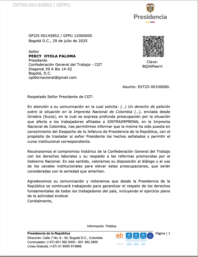 CGTCol's tweet photo. Desde la CGT agradecemos a la Presidencia de la República por dar trámite a nuestra solicitud sobre la situación en la Imprenta Nacional de Colombia. Continuaremos firmes en la defensa de los derechos de los trabajadores y el respeto a la actividad sindical. https://t.co/ohfjYyTLDk