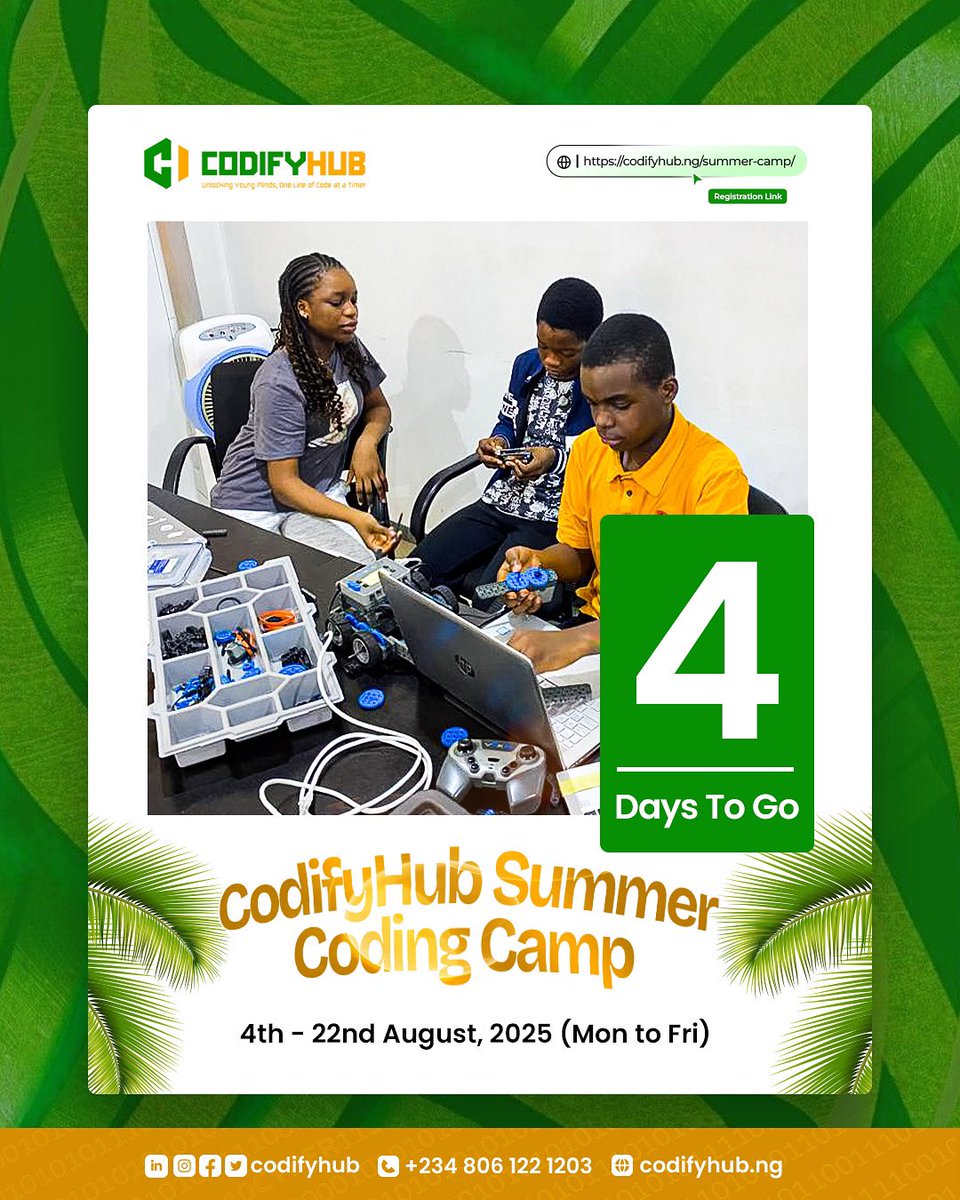 🔥 ONLY 4 DAYS LEFT! 🔥

The countdown is ON! Codifyhub Summer Coding Camp kicks off in just 4 days! This is your chance to secure your child's spot for an unforgettable summer of coding, innovation, and fun.