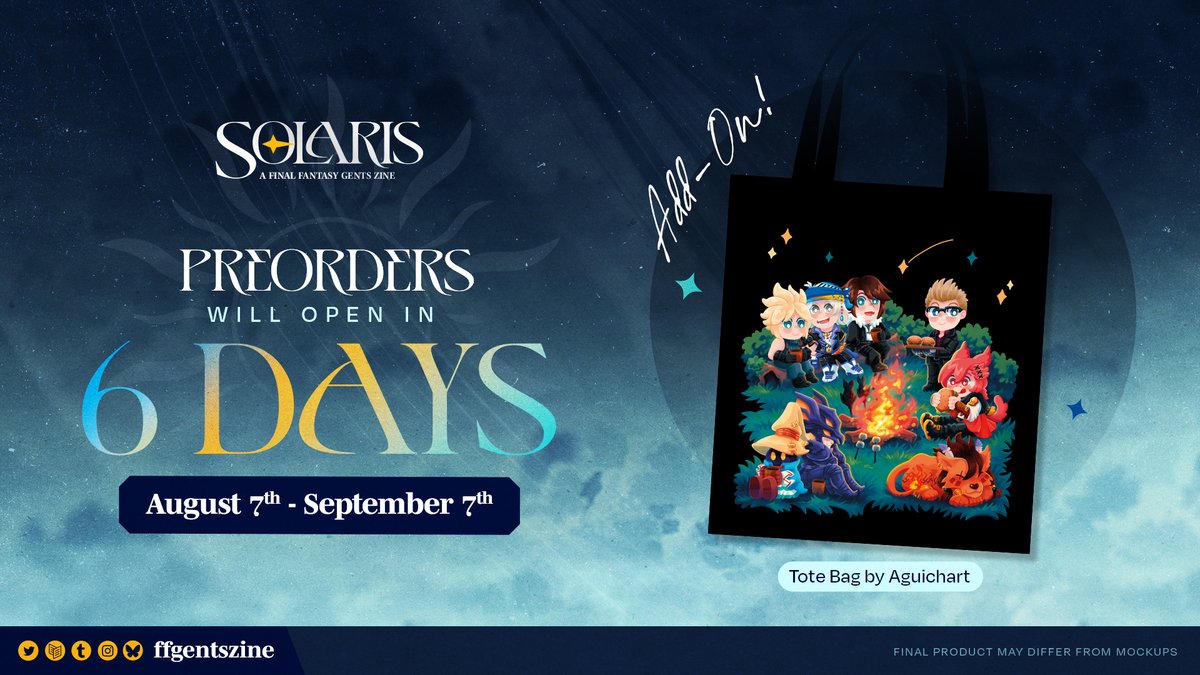 ☀️ PREORDERS IN 6 DAYS ⚔️

Join Cloud, Locke, Squall, Ignis, G'raha Tia, Nanaki, Kain, *and* Vivi as they relax around a campfire in this adorable tote bag by the talented <a href="/aguichart/">ANGEL OF JUSTICE</a> 👜 

Available as an add-on, the tote bag is a perfect companion for any heroic adventures! 💜😍